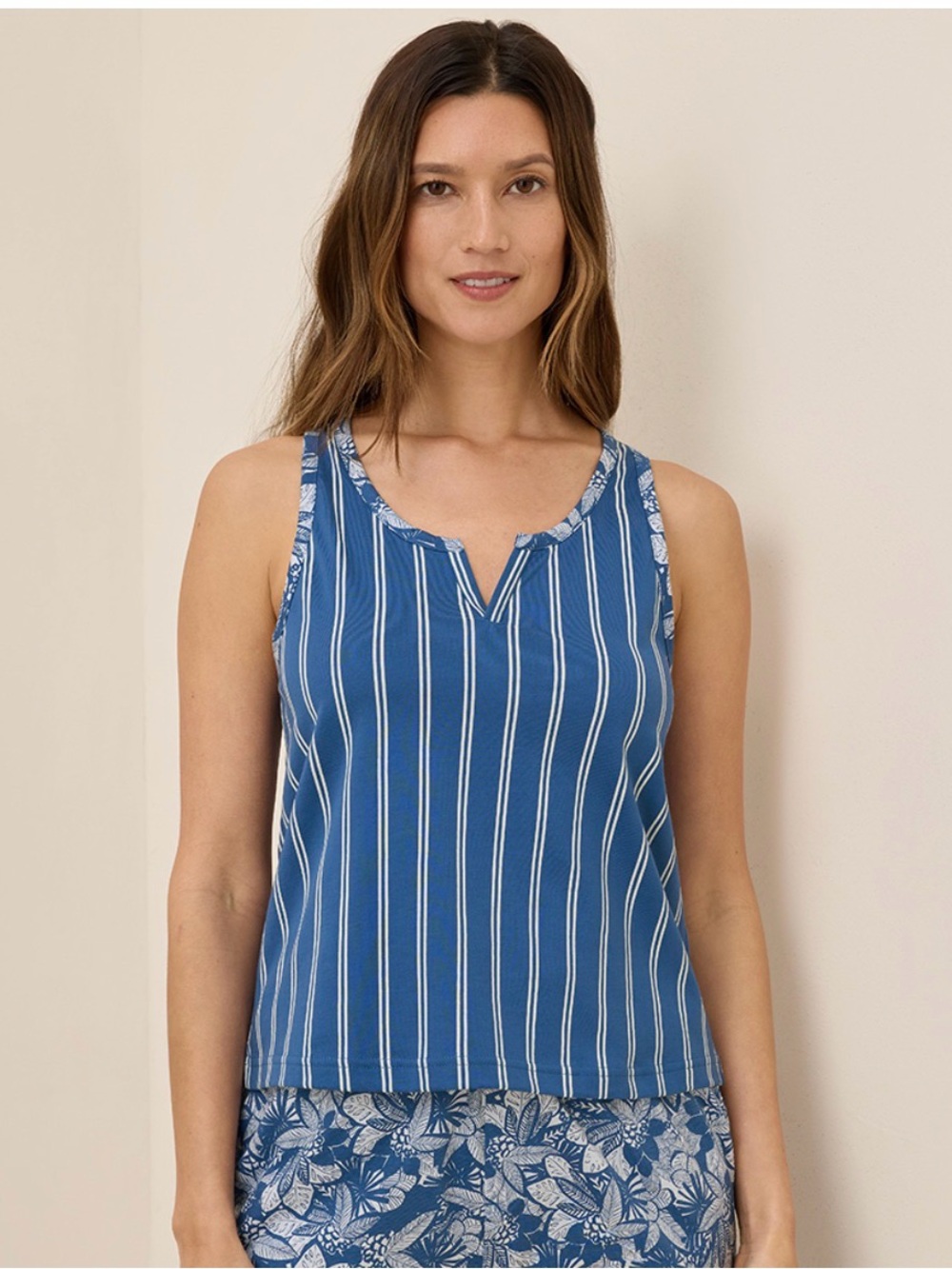 Pact Blue and White Striped V-Notch Tank